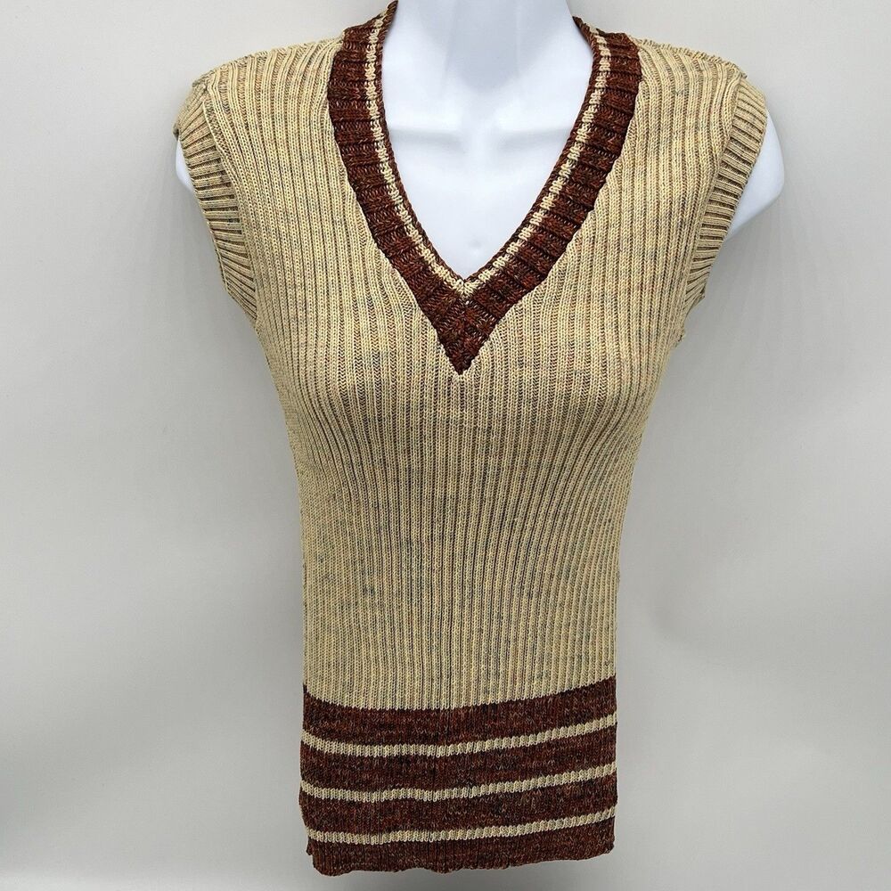 VTG 70s Pre-Y2K Unisex Sears Tan/Brown Confetti Knit V-Neck Sweater Vest-Size 34